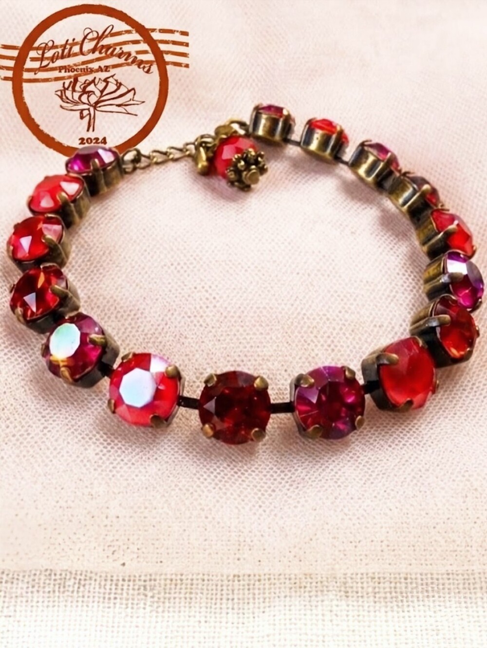 Royal Red In Swarovski Crystal Classic Tennis Bracelet In Gold/ Antique Bronze